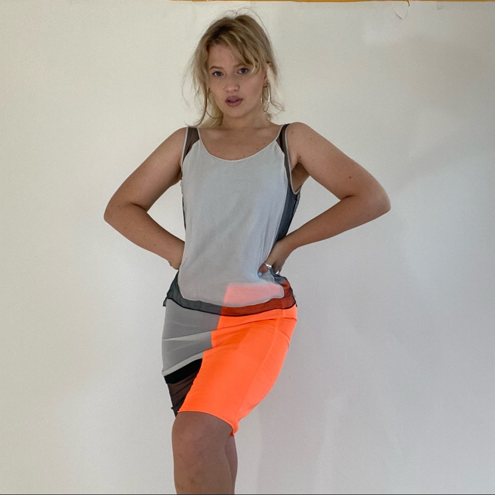Helmut Lang neon contemporary mesh dress in orange